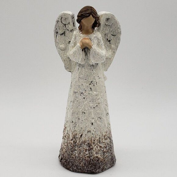 White Distressed Textured Finish Glitter Resin Faceless Winged Angel Figurine - Picture 1 of 13